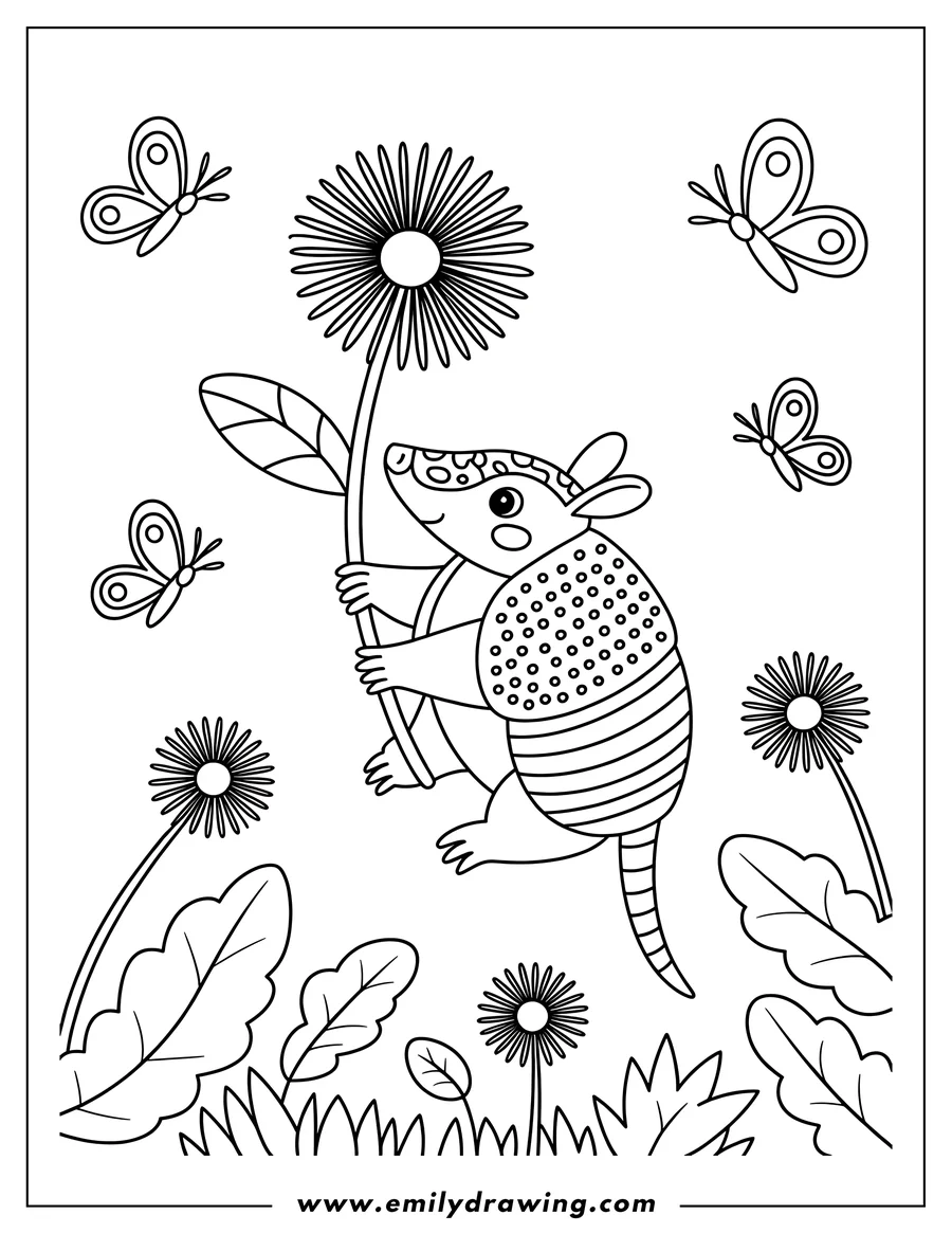 Outline of an armadillo holding a dandelion stem with butterflies and flowers surrounding it.