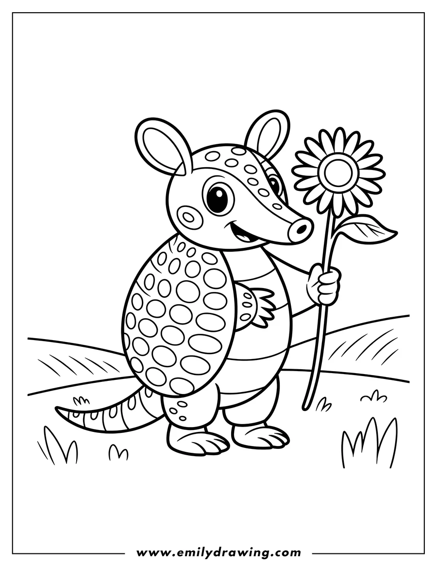 Outline of an armadillo holding a large flower with a single leaf.  The armadillo is smiling.