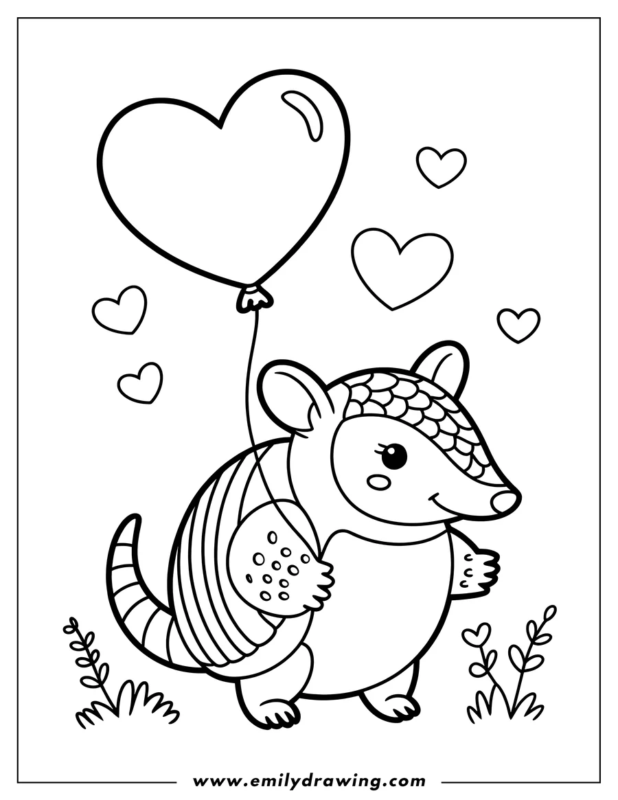 Line art of an armadillo holding a heart-shaped balloon.  There are small hearts floating around it, and tufts of grass at its feet.