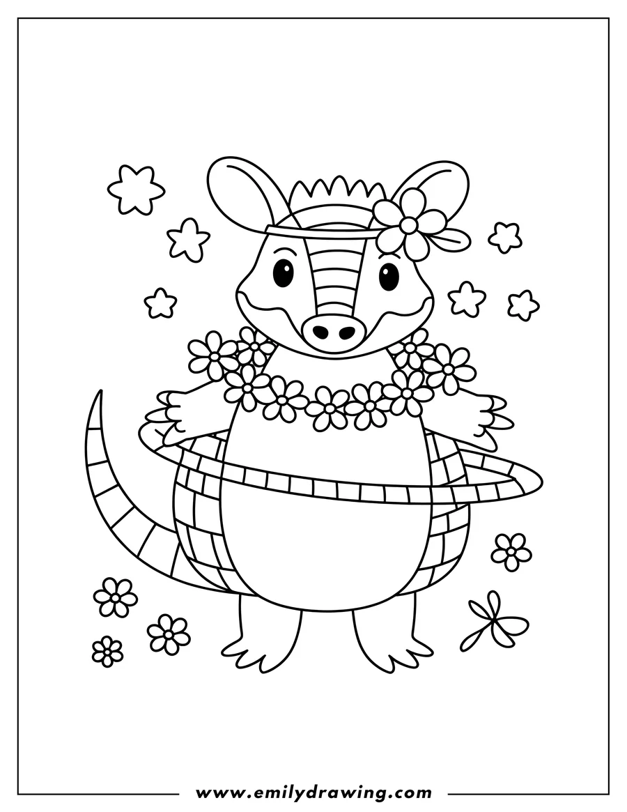 Line art of an armadillo with a flower crown and lei, using a hula hoop.  Several small flowers and stars decorate the background.