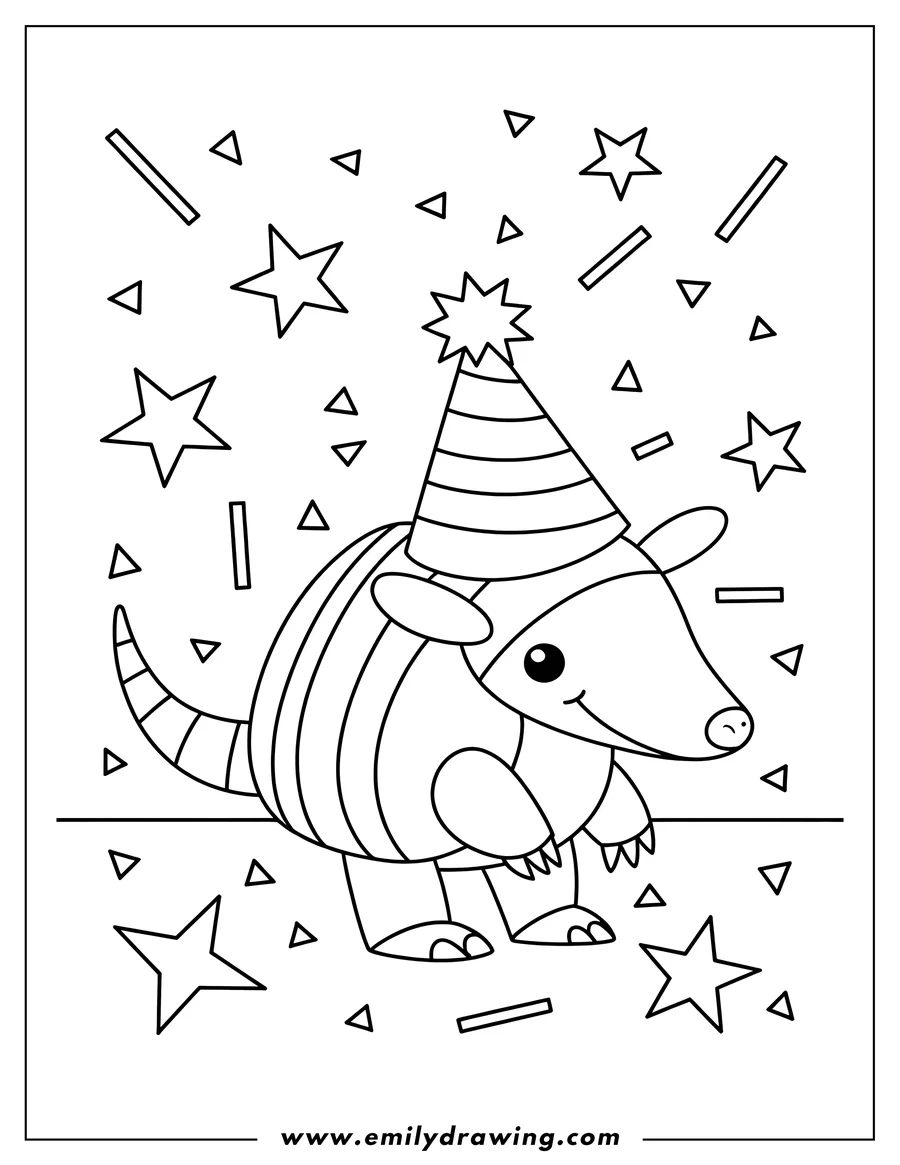 Line art of an armadillo wearing a striped party hat, surrounded by stars and confetti.