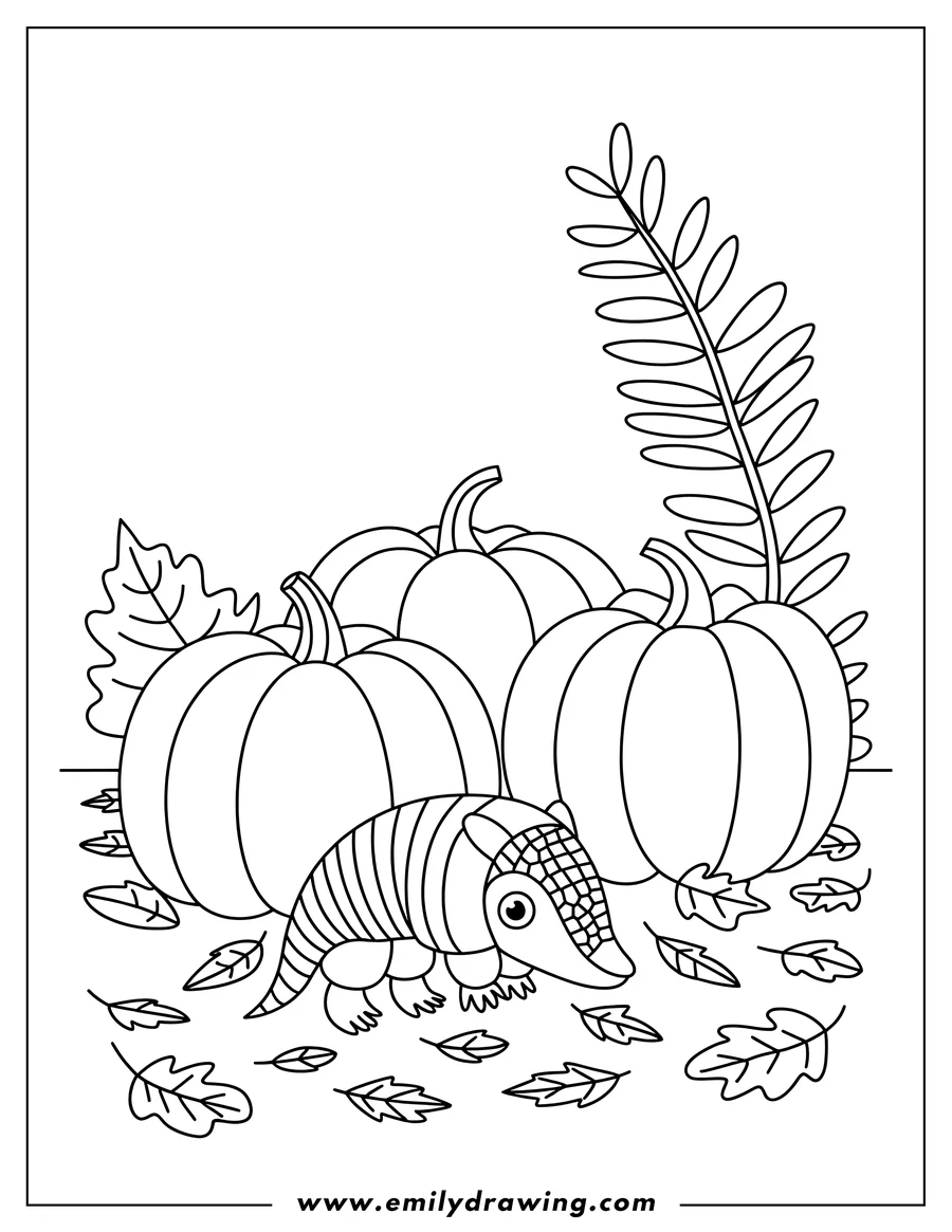 Outline of an armadillo walking near three pumpkins and fallen autumn leaves.