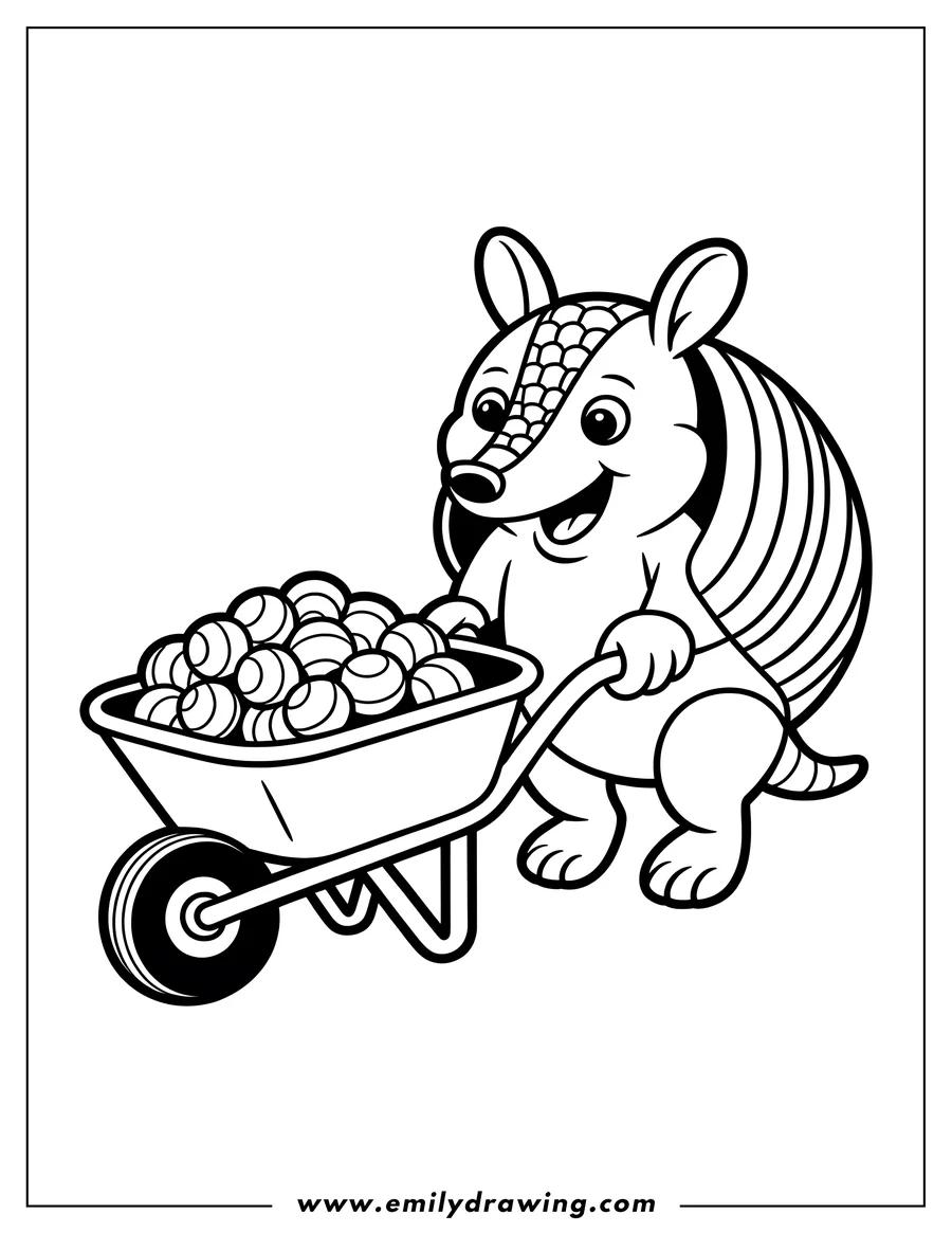Line art of an armadillo pushing a wheelbarrow full of round objects, likely nuts or berries.