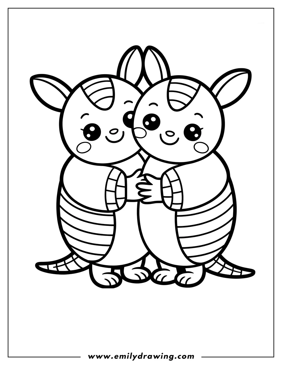 Line art of two armadillos hugging each other. Their shells and tails have striped patterns.