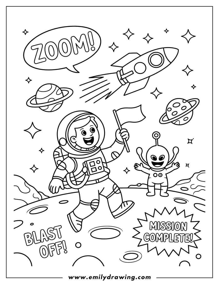 Outline of an astronaut holding a flag, standing next to an alien on the moon, near a zooming rocket, planets, and stars. It says 