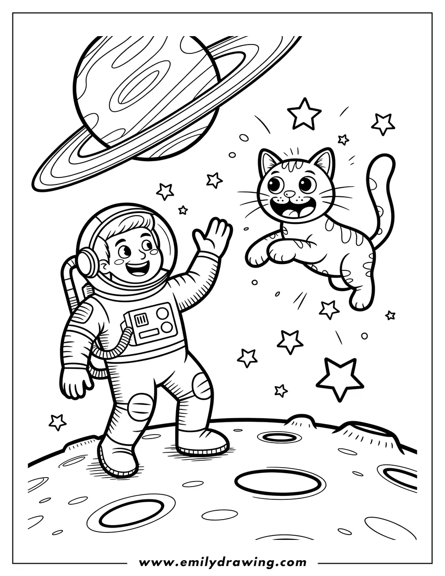 Line art of an astronaut standing on the moon waving at a playful, floating cat.  A planet with rings and several stars are visible in the background.