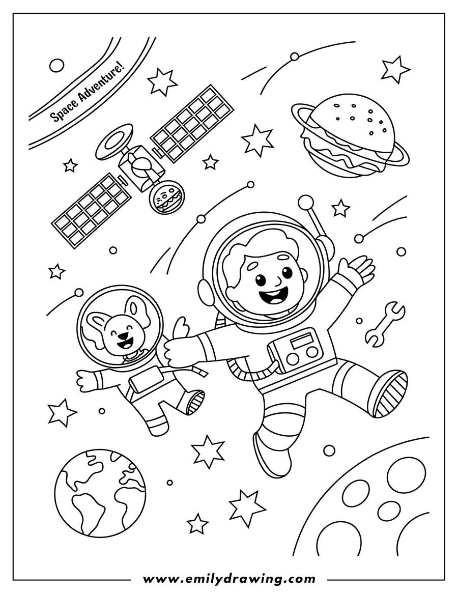 Outline of an astronaut and a dog floating in space with stars, planets, a satellite, and a floating burger.