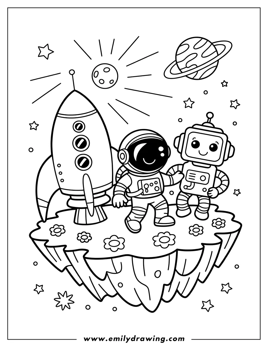 Line art of an astronaut and a robot standing on a small planet with flowers, a rocket ship, and other celestial objects in the background.