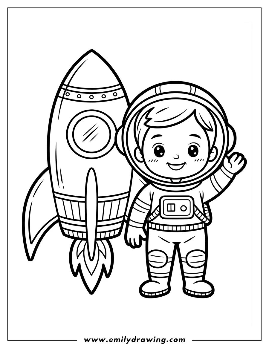 Line art of an astronaut waving, standing next to a rocket.
