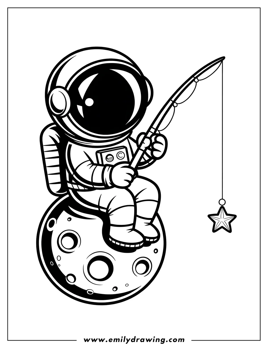 Outline of an astronaut sitting on the moon, fishing rod in hand, trying to catch a star.