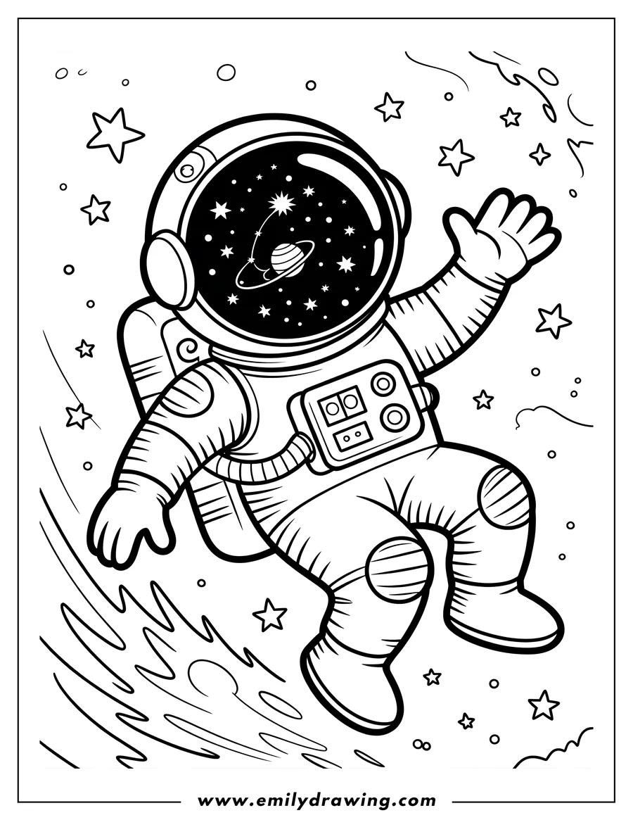 Outline of an astronaut floating in space, with stars and a planet visible through the helmet visor.