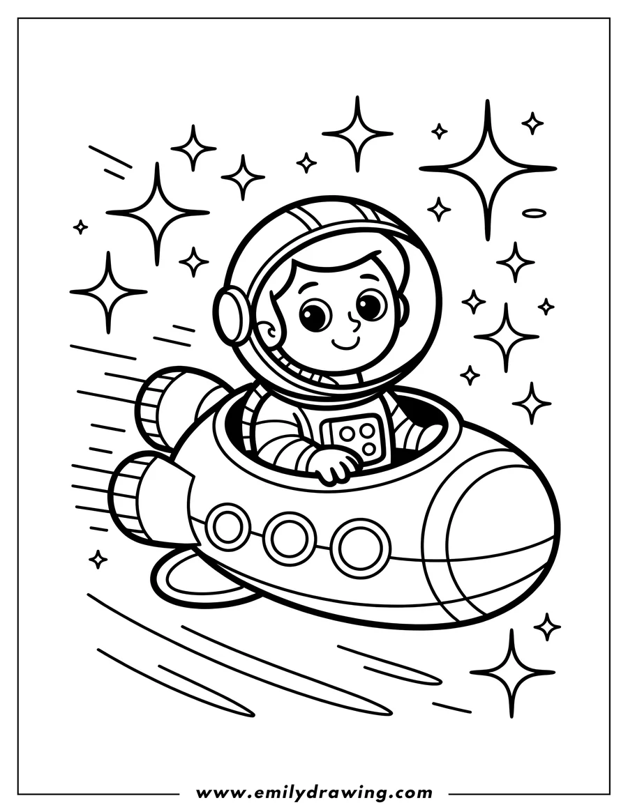 Line art of an astronaut piloting a spaceship among the stars. The astronaut is smiling and the spaceship has three portholes.