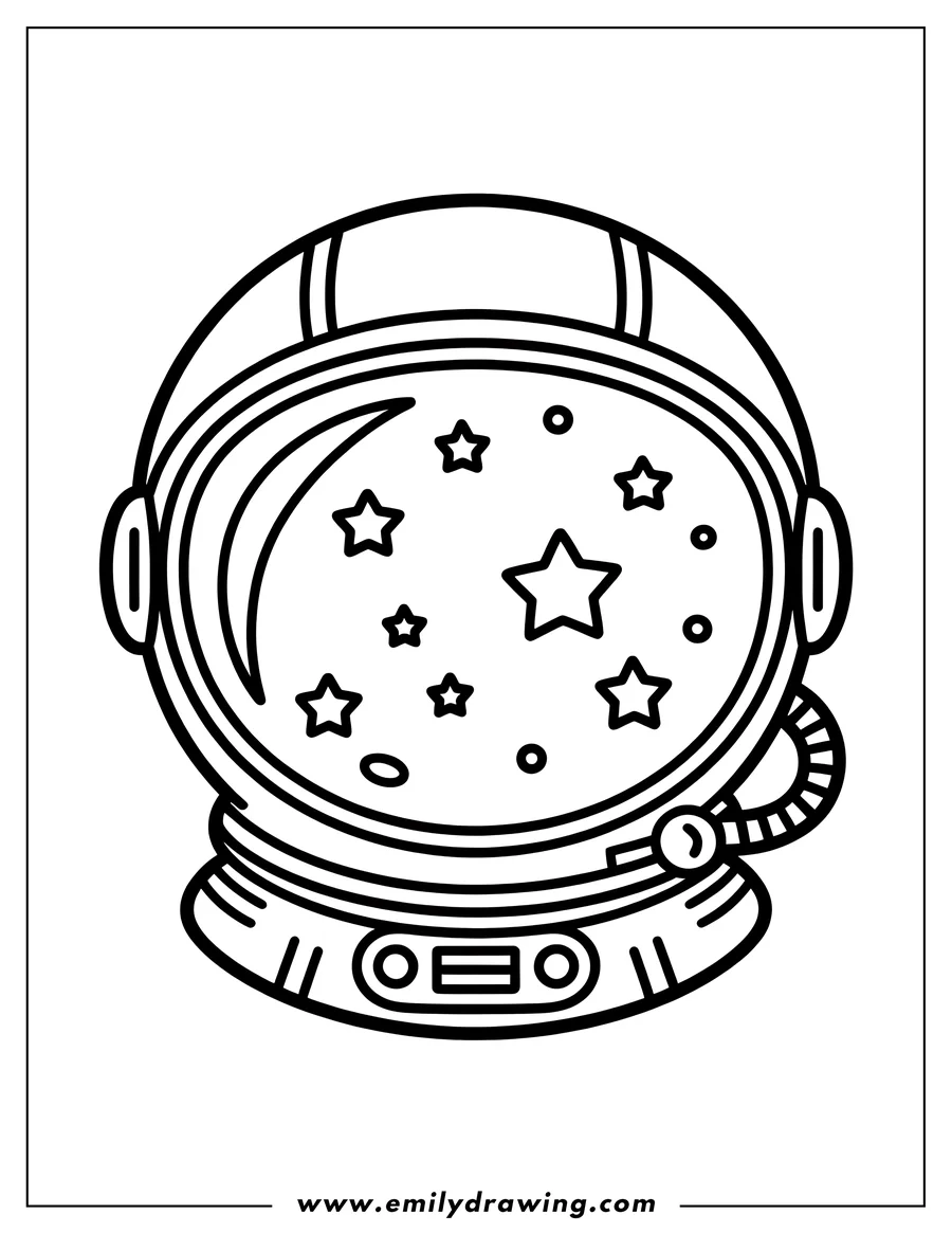 Outline of an astronaut's helmet with stars, a crescent moon, and small circles visible through the visor.