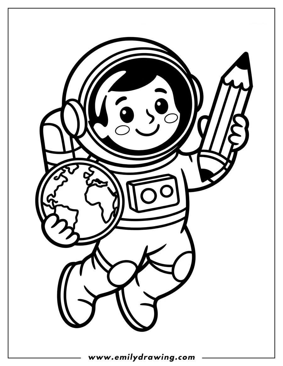 Line art of an astronaut holding a globe of the Earth and a large pencil, floating in space.