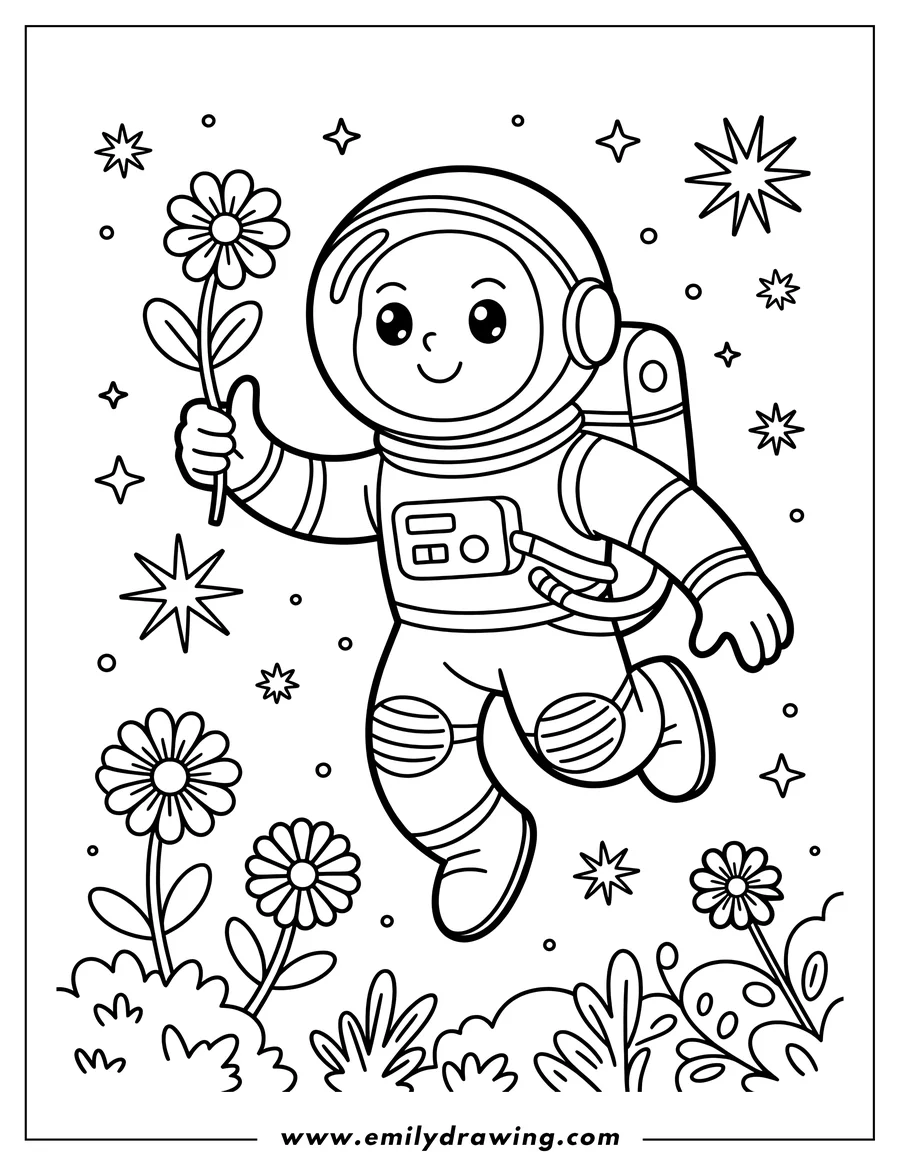 Line art of an astronaut holding a flower, floating amongst stars. Daisies grow at the bottom of the image, adding a touch of whimsicality to the space scene.