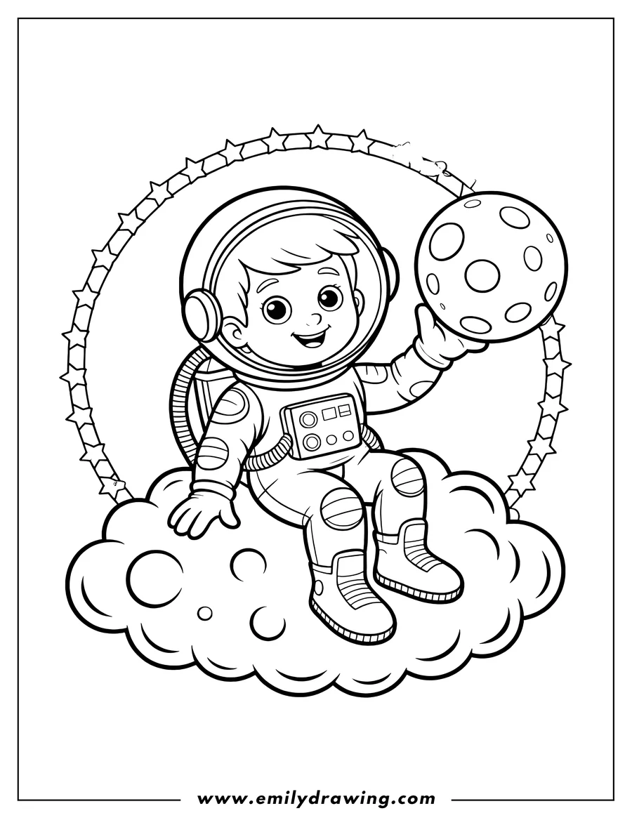 Outline of a smiling astronaut sitting on a cloud-like shape and holding a small moon. A border of stars surrounds the scene.