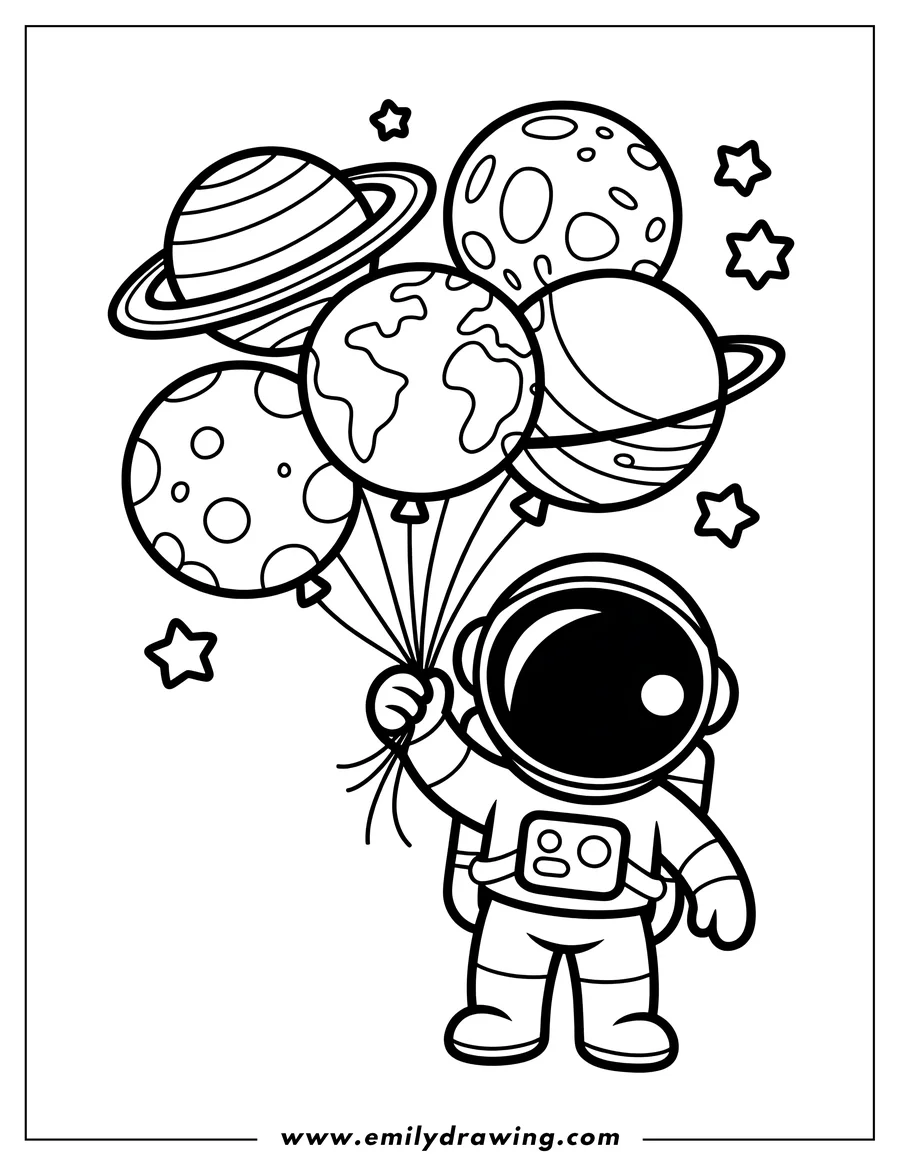 Line art of an astronaut holding balloons shaped like planets, including Earth, Saturn and the Moon.  Stars decorate the background.