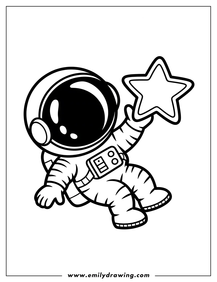 Line art of an astronaut floating in space while holding a large star.