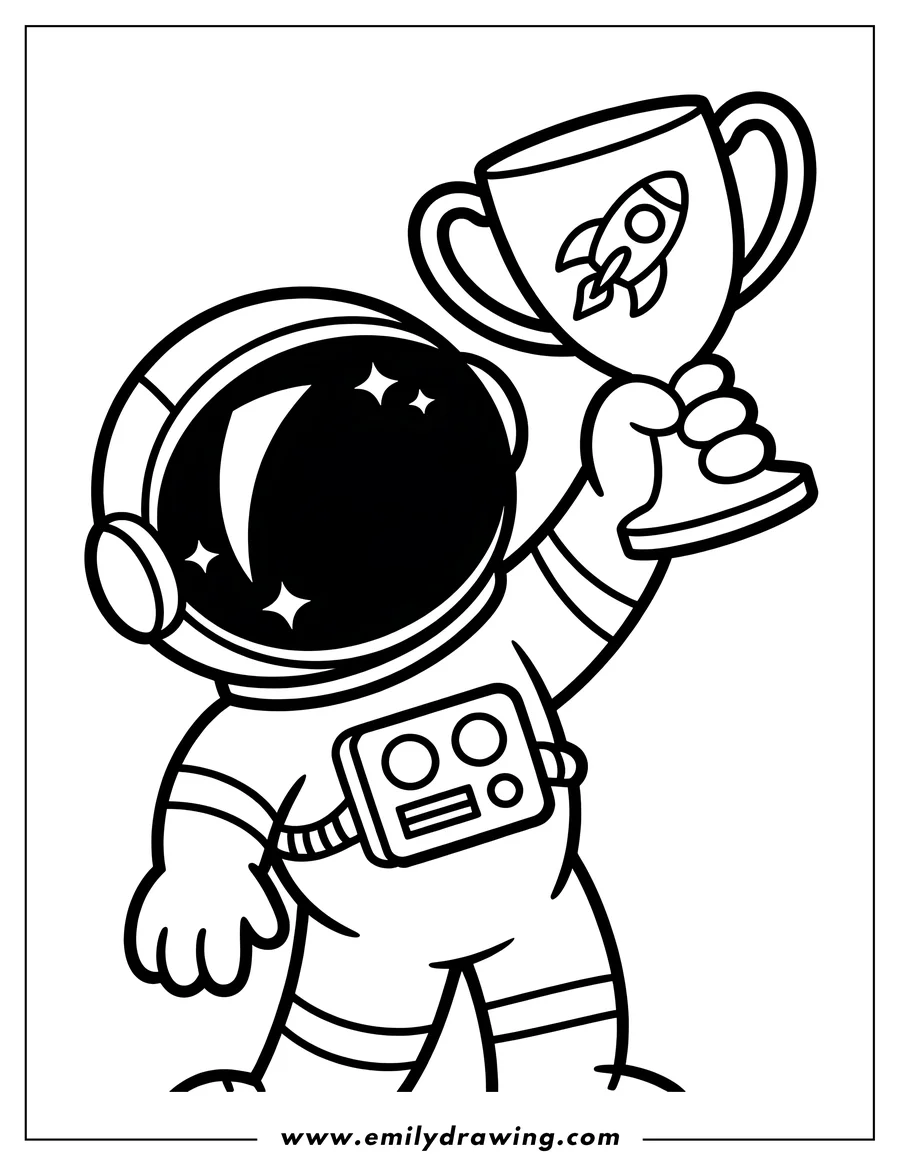 Line art of an astronaut holding a trophy with a rocket on it.