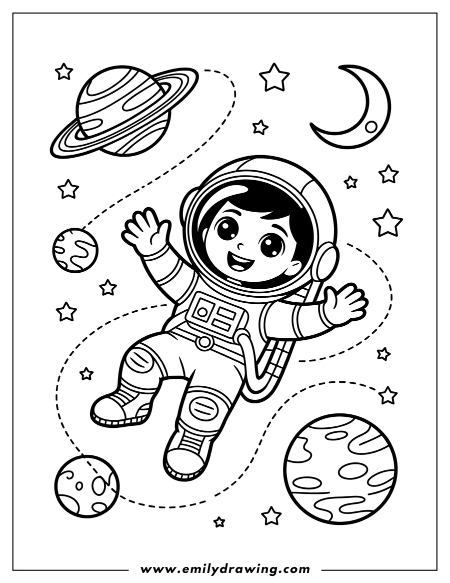 Line art of an astronaut floating in space surrounded by planets, stars, and the moon.