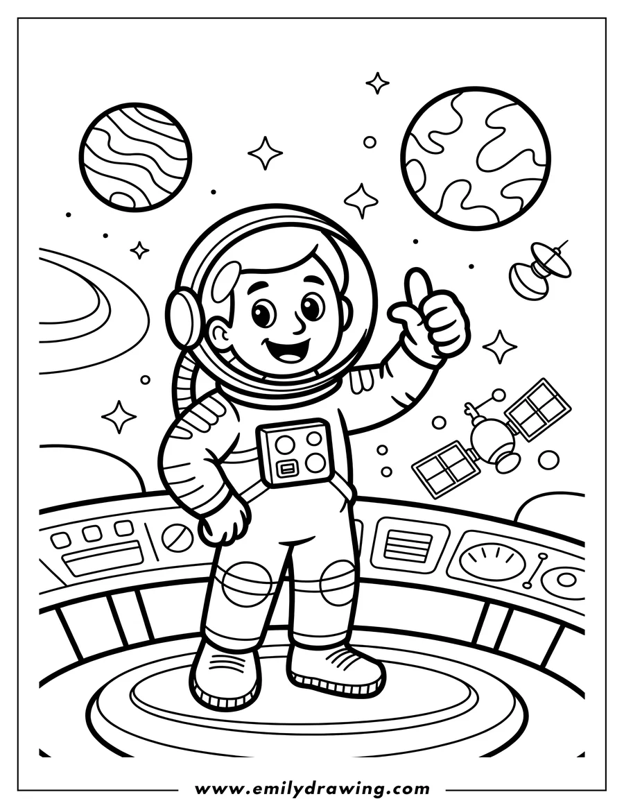 Outline of an astronaut giving a thumbs up inside a space station, with planets and a satellite in the background.