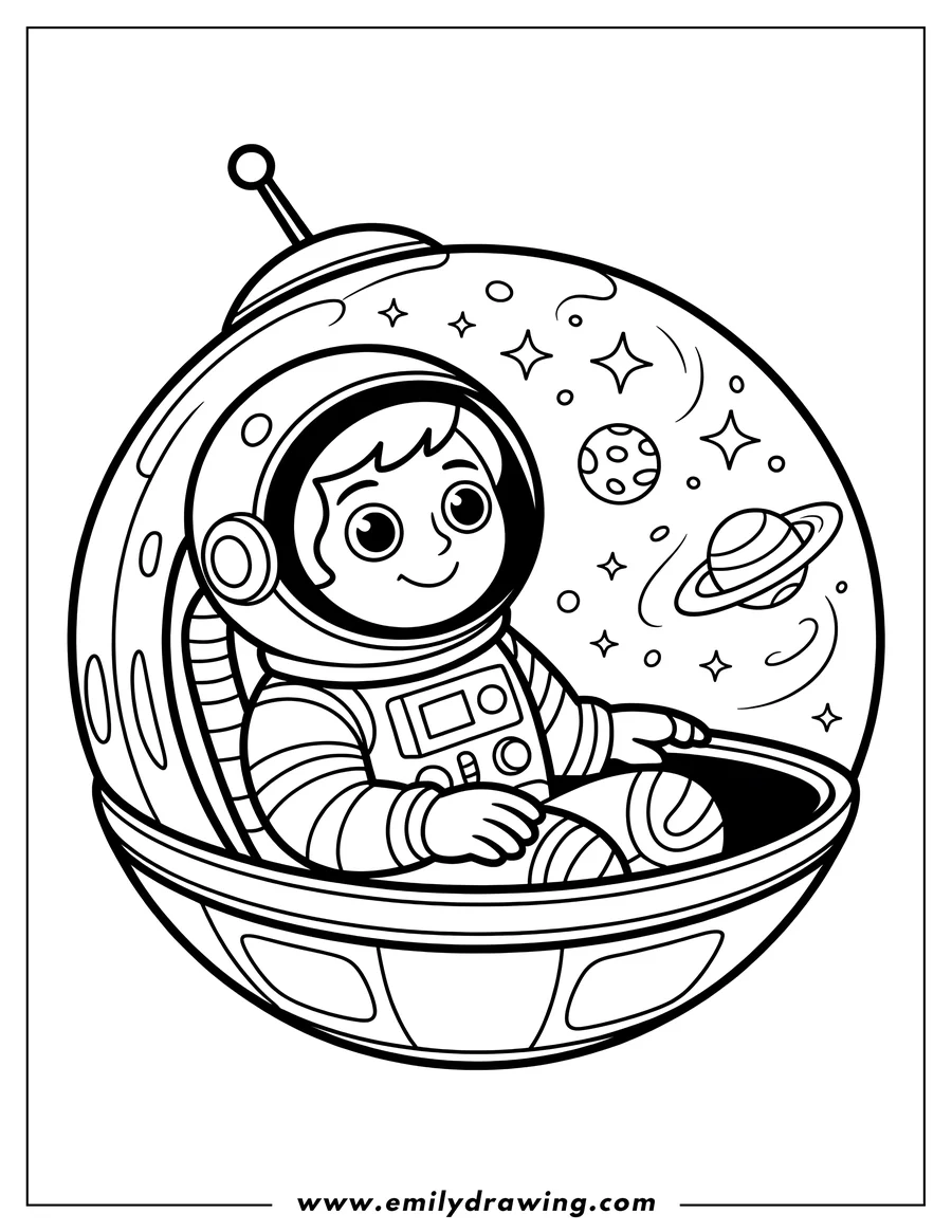 Outline of an astronaut sitting in a spaceship, looking out at planets and stars.