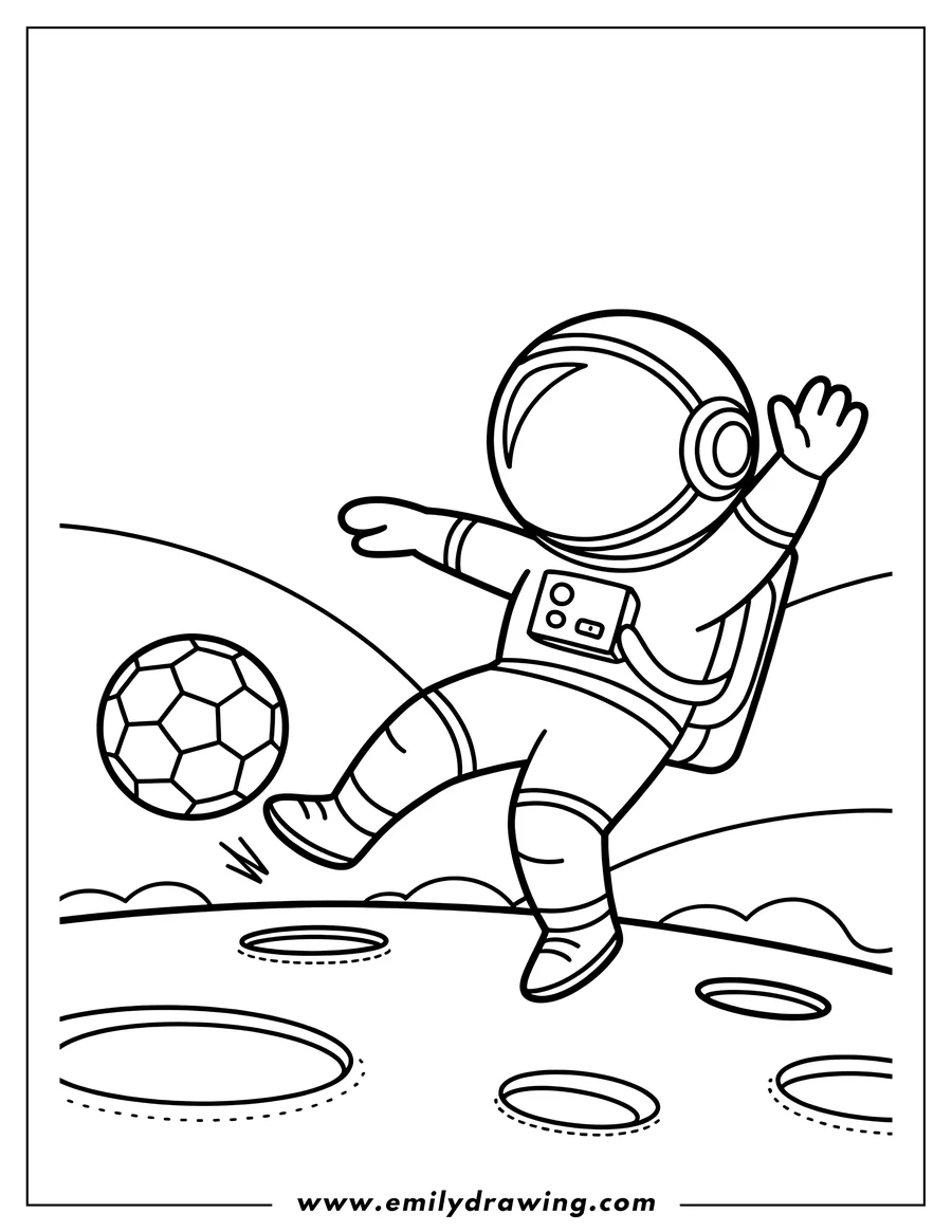 Line art of an astronaut kicking a soccer ball on the surface of the moon.  Several craters are visible on the moon's surface.