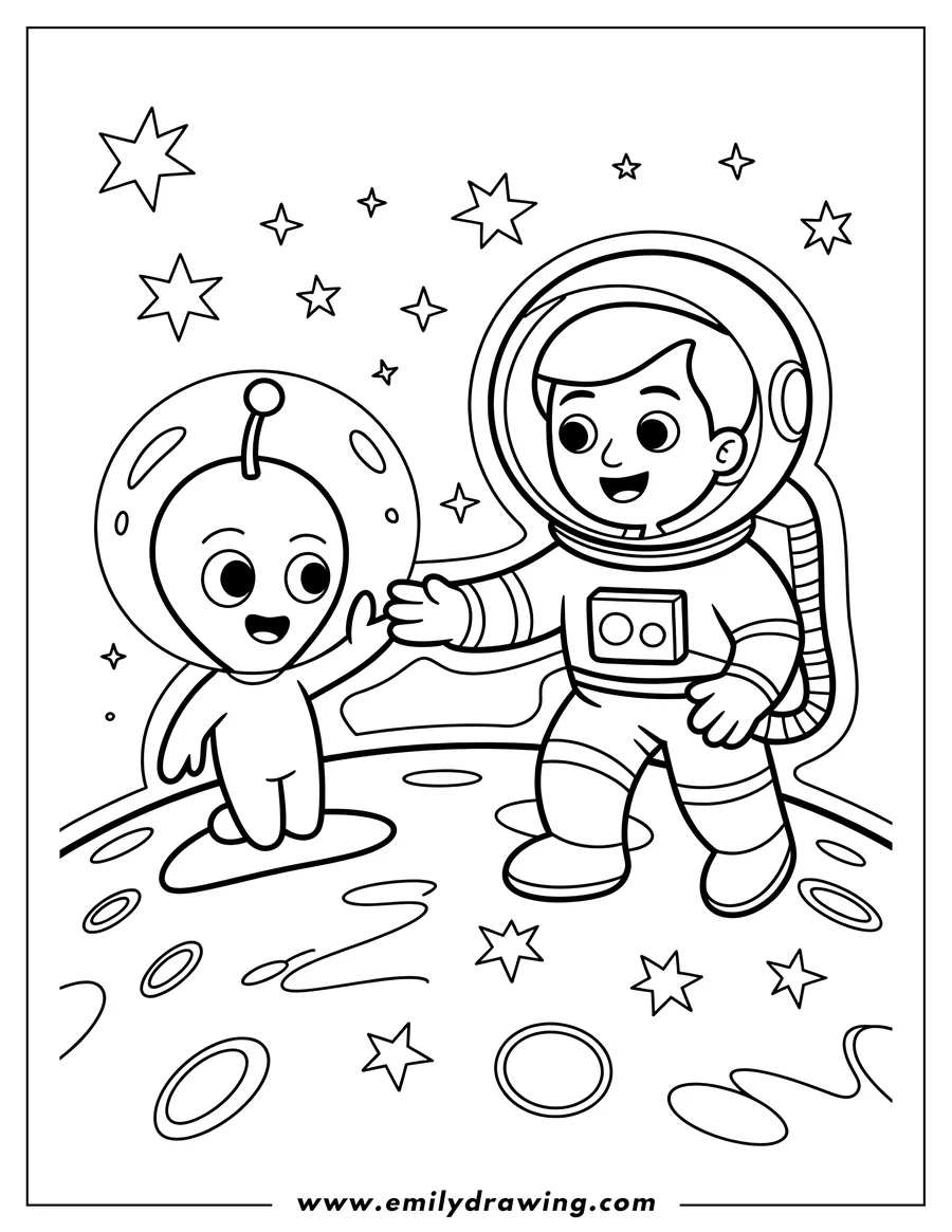 Outline of an astronaut and a friendly alien shaking hands on the moon, surrounded by stars and craters.