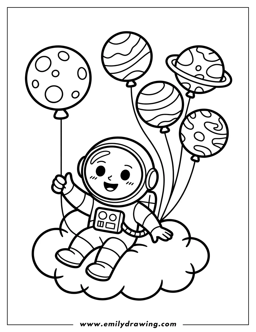 Outline of a smiling astronaut sitting on a cloud, holding balloons shaped like planets.