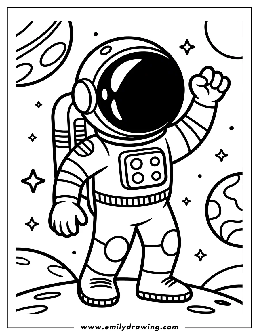 Outline of an astronaut standing on the moon, with one arm raised and planets visible in the background.