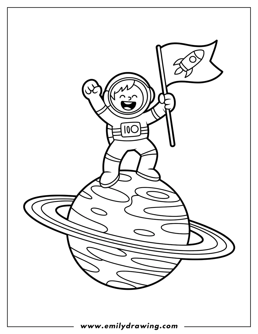 Line art of an astronaut standing on a ringed planet, holding a flag with a rocket on it.