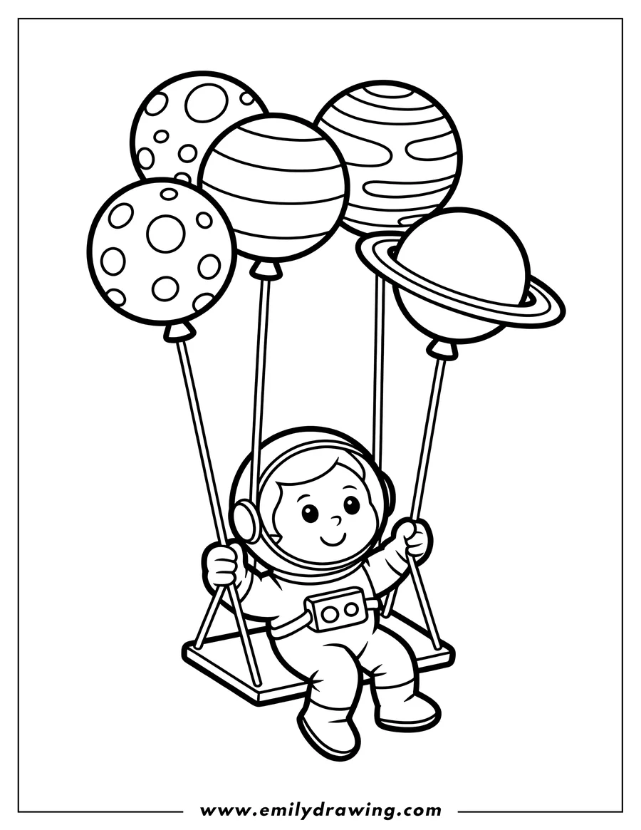 Outline of an astronaut swinging from planets.