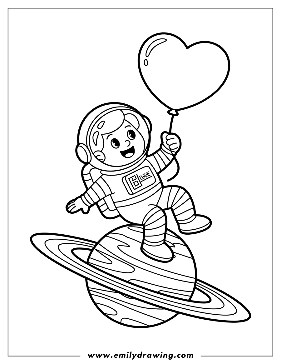 Outline of an astronaut sitting on a ringed planet, holding a heart-shaped balloon.