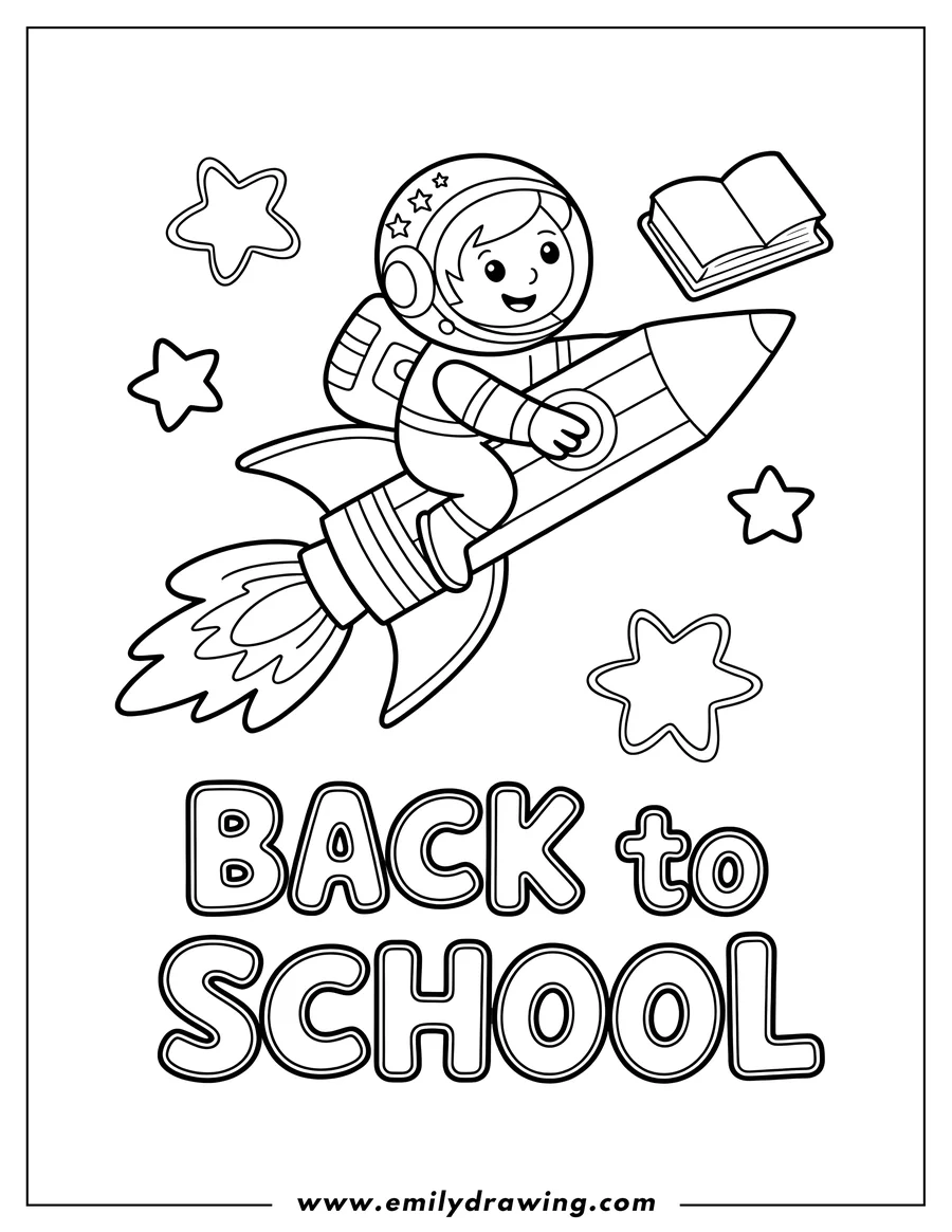 Outline of an astronaut riding a rocket shaped like a crayon, with stars and the words 'Back to School'.