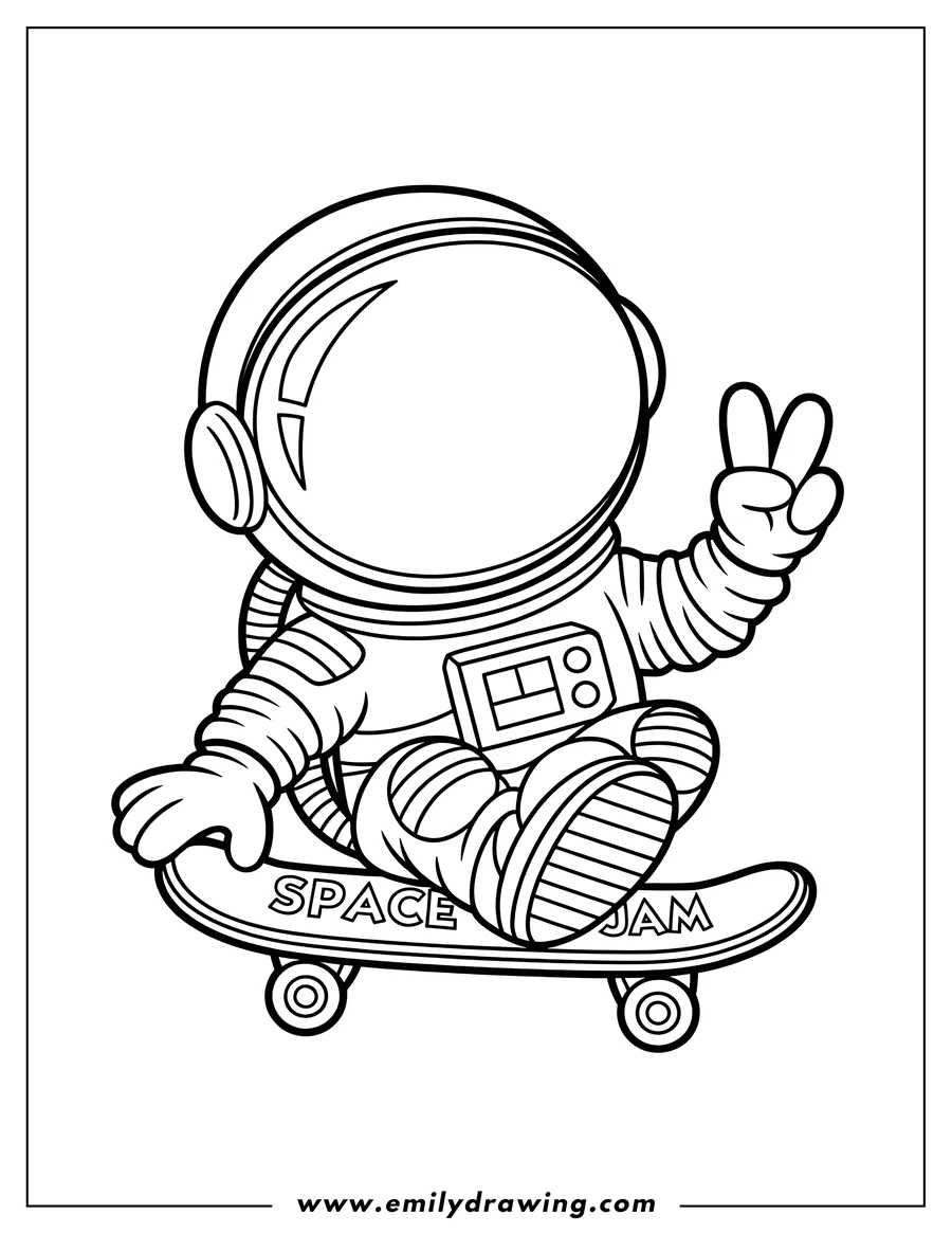 Outline of an astronaut riding a skateboard and making a peace sign.