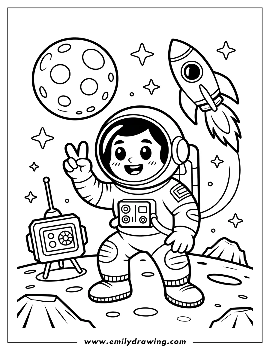 Line art of an astronaut standing on the moon's surface making a peace sign with their hand. A rocket ship and satellite dish are also visible in the scene.