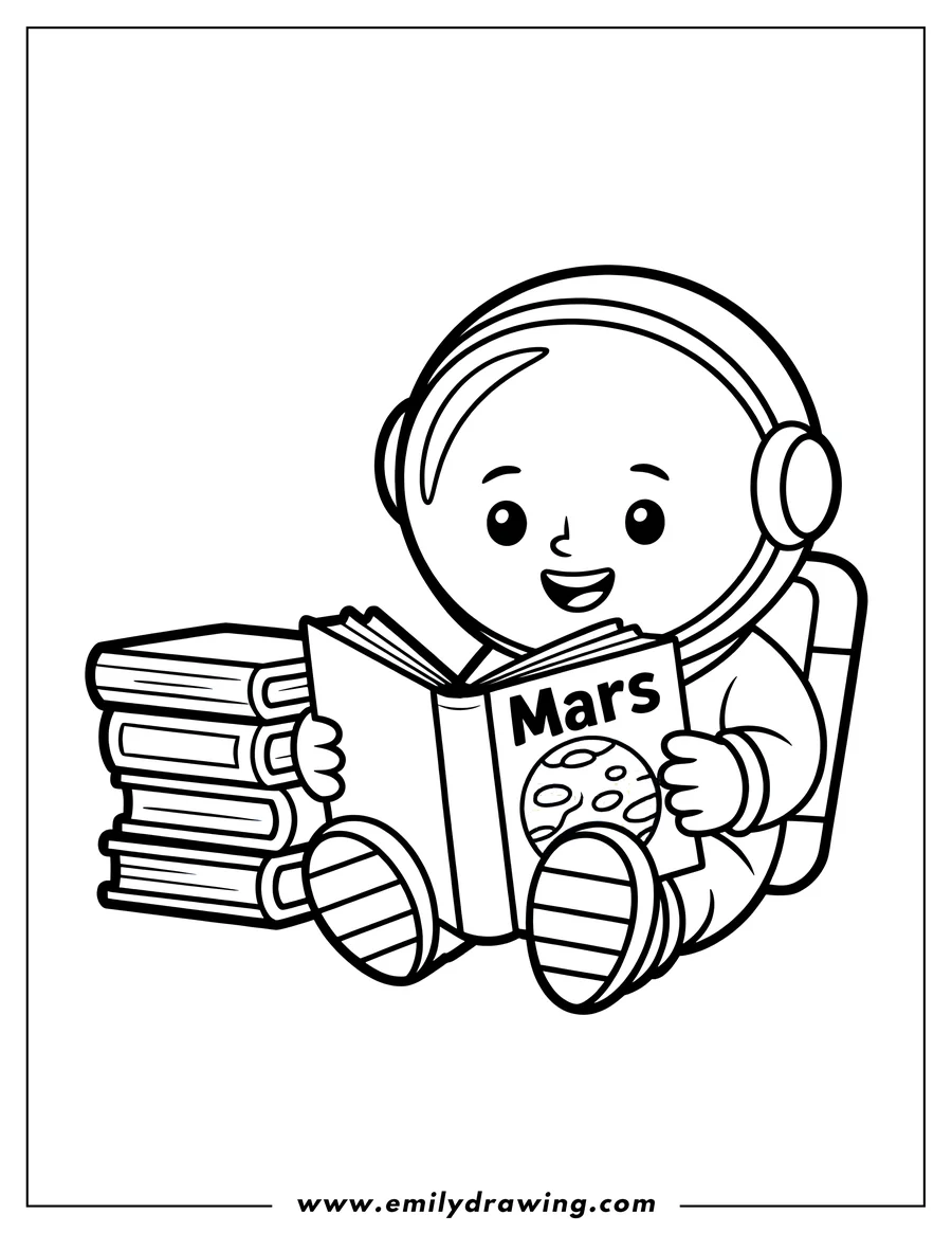Line drawing of an astronaut sitting with a stack of books and reading a book about Mars. The astronaut looks happy and engaged in their reading.