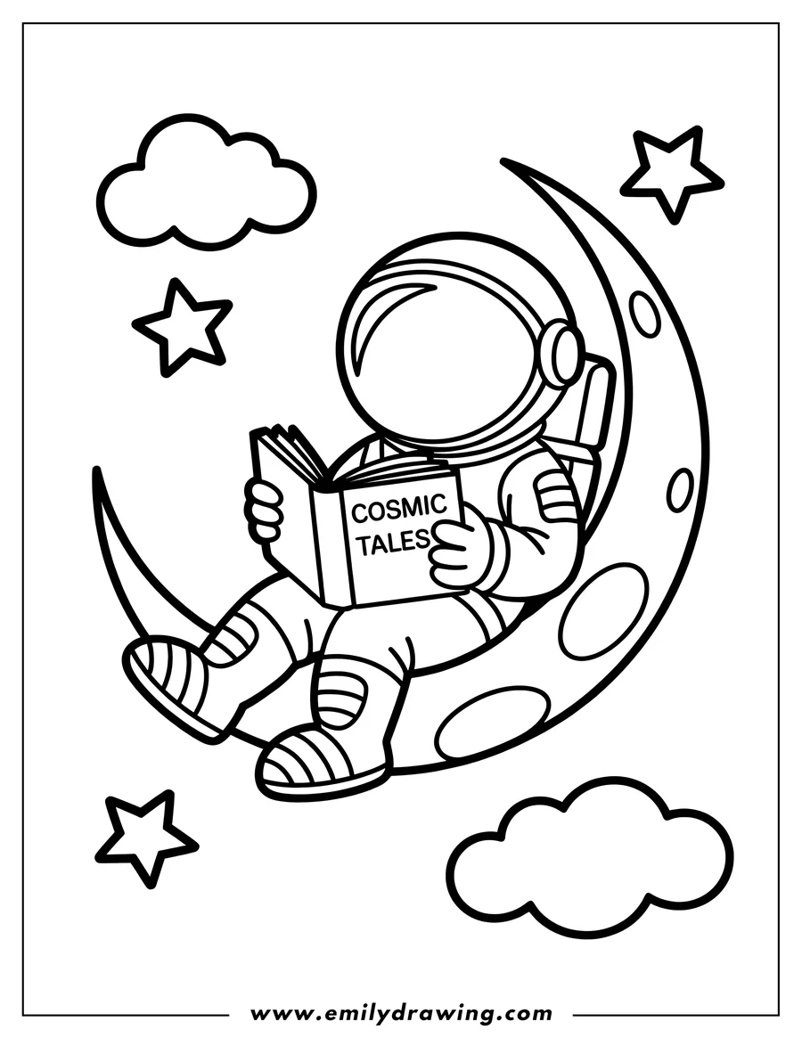 Line art of an astronaut sitting on the crescent moon, reading a book titled 'Cosmic Tales'. Stars and clouds float in the background.