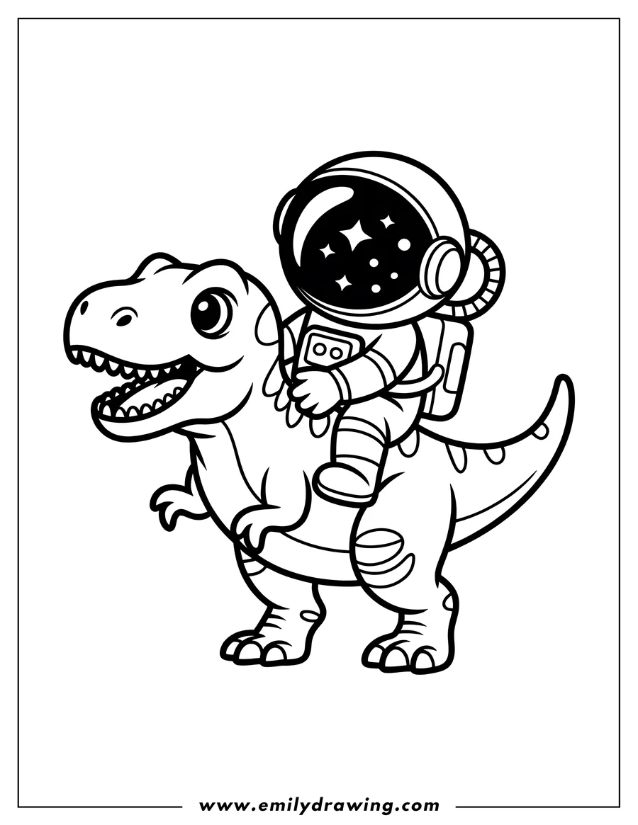 Line art of an astronaut riding a dinosaur. The astronaut's helmet has stars inside it, and the dinosaur is smiling.