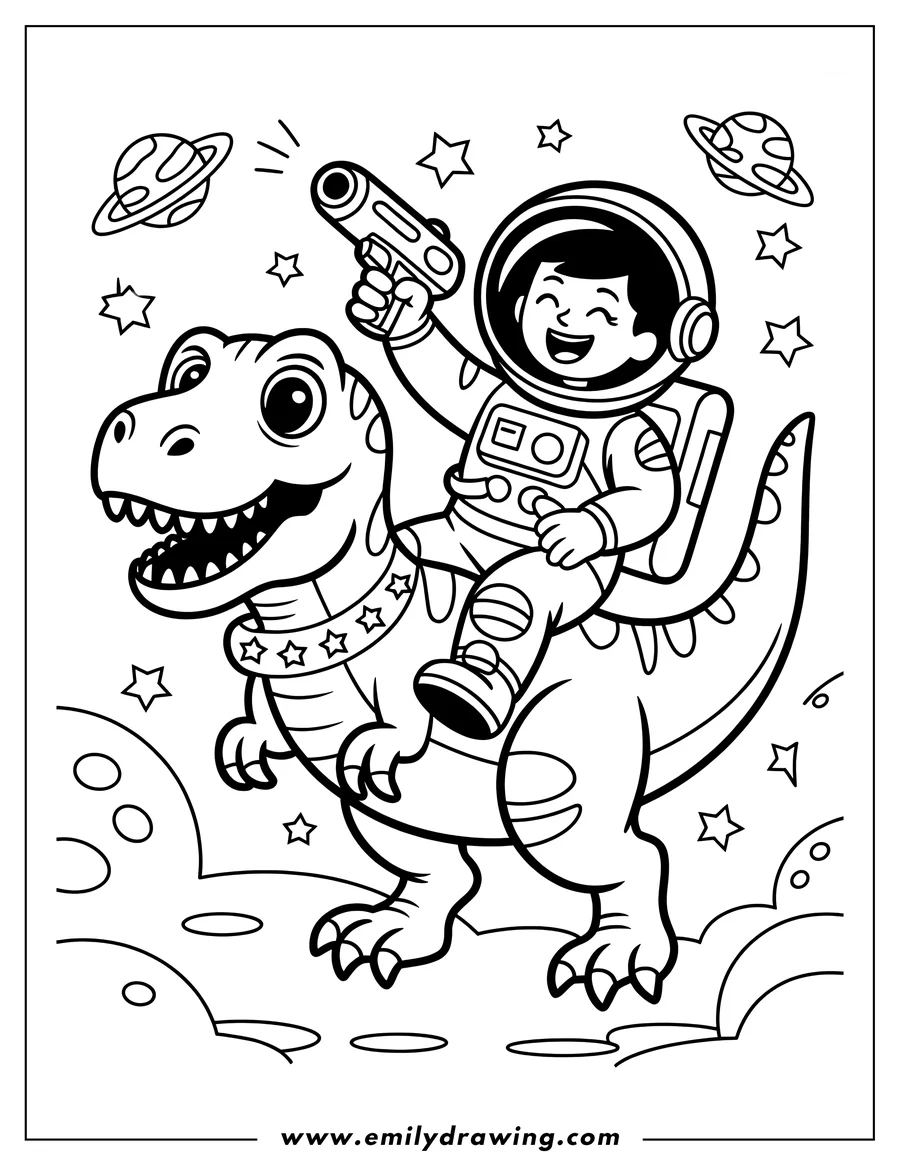 Line art of an astronaut riding a T-Rex dinosaur in space.  The astronaut is holding a ray gun, and there are planets and stars in the background.