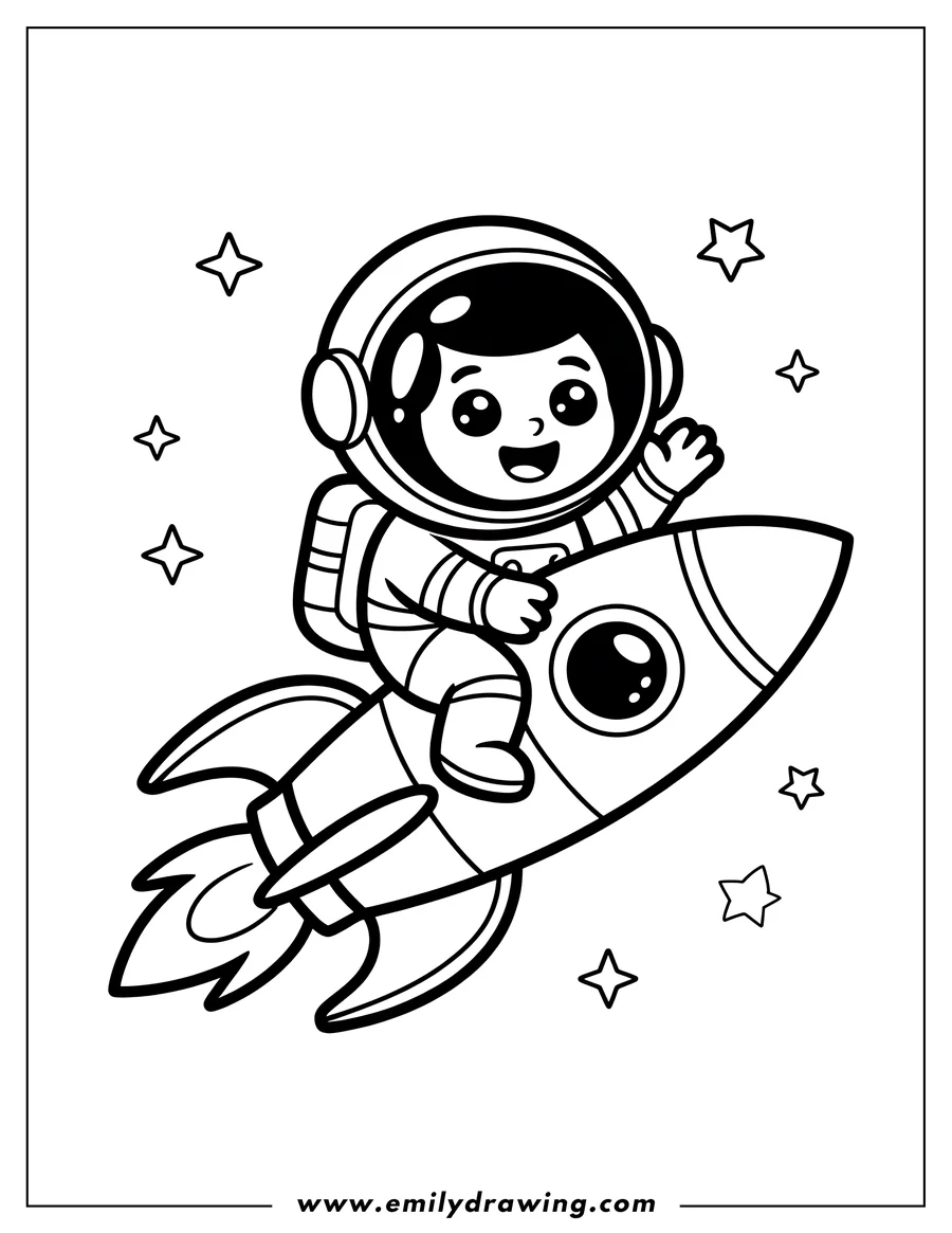 Line art of an astronaut riding a rocket through space, surrounded by stars.