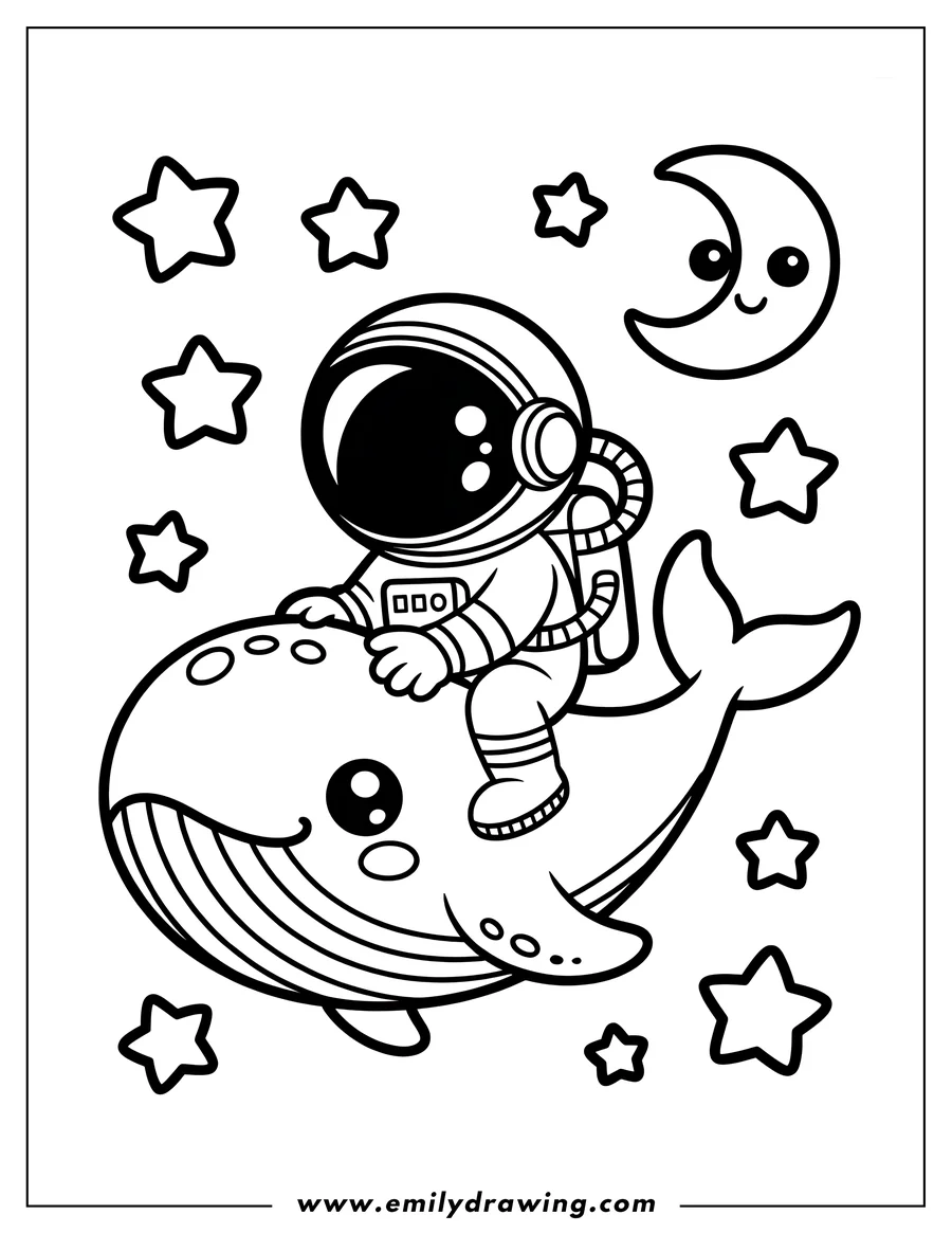 Outline of an astronaut riding a whale among stars and a crescent moon.