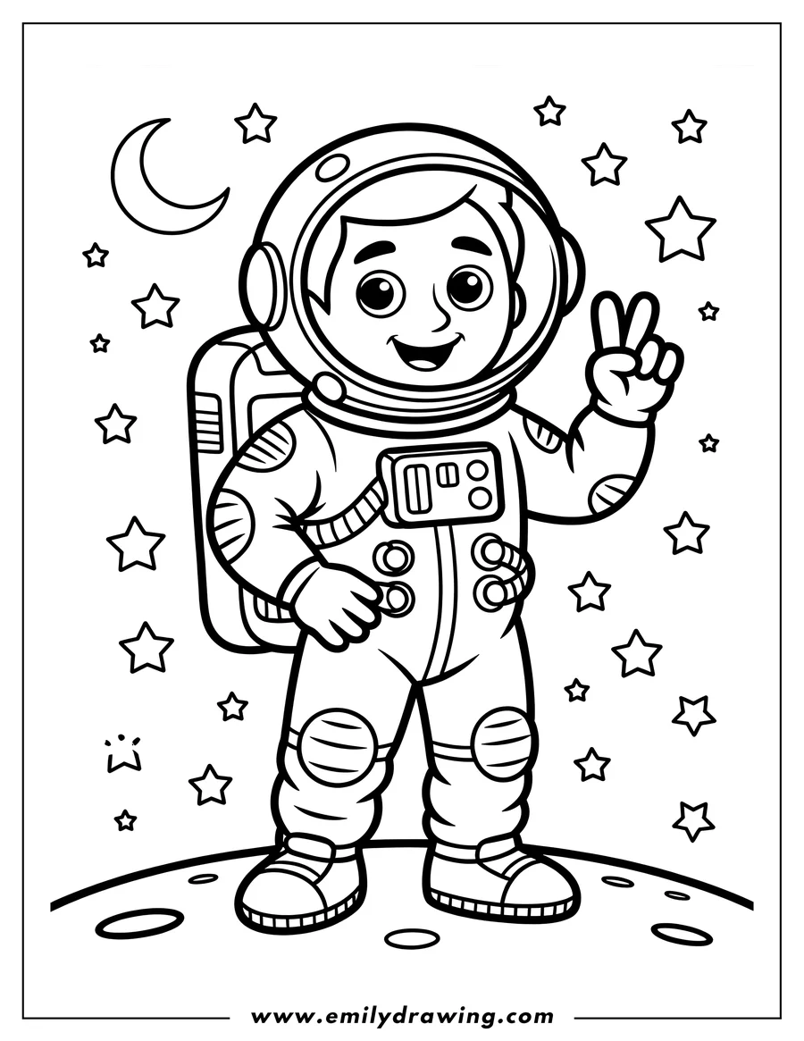 Line art of a smiling astronaut waving, standing on the surface of the moon with stars and a crescent moon in the background.