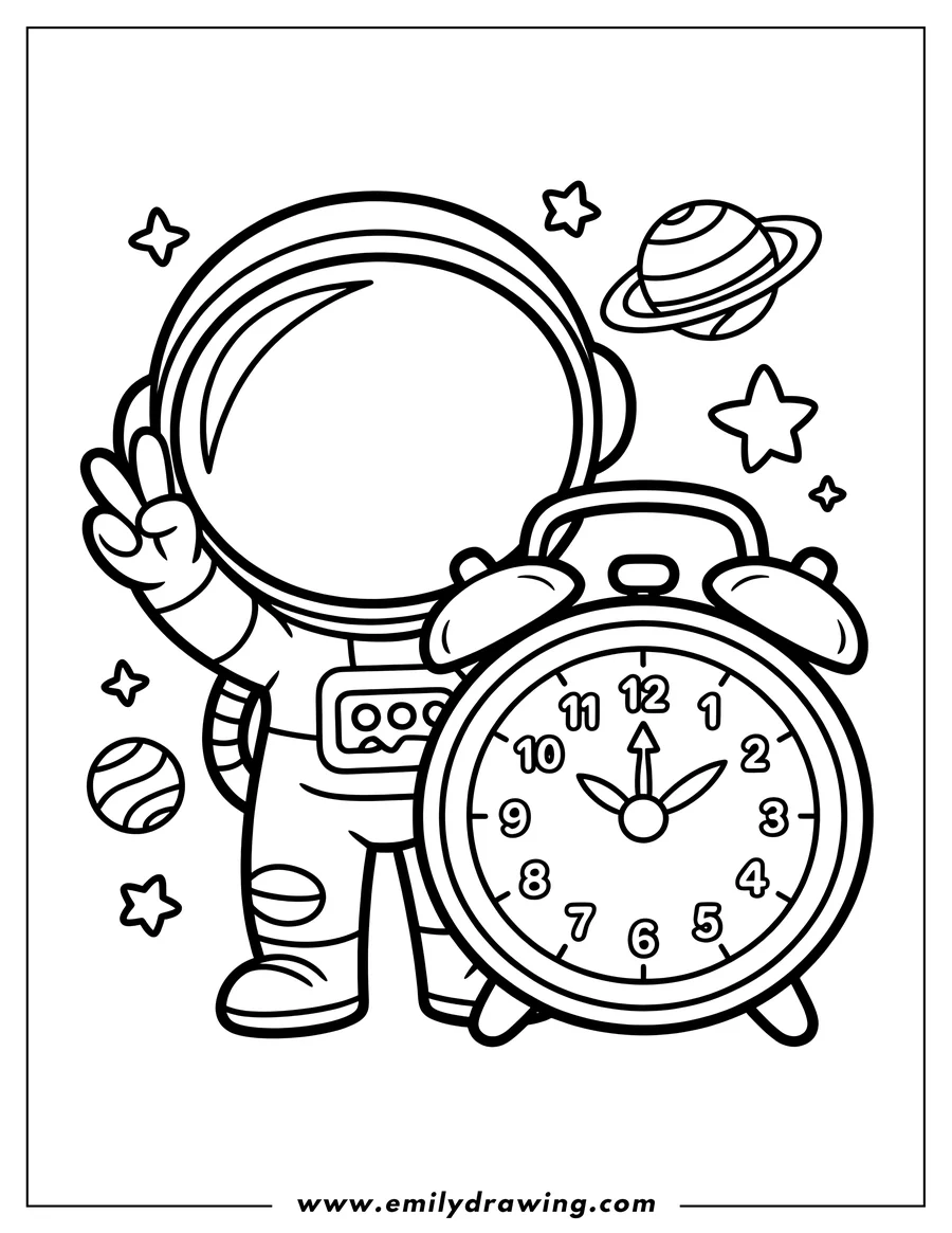Line art of an astronaut standing next to a large alarm clock, with planets and stars in the background.