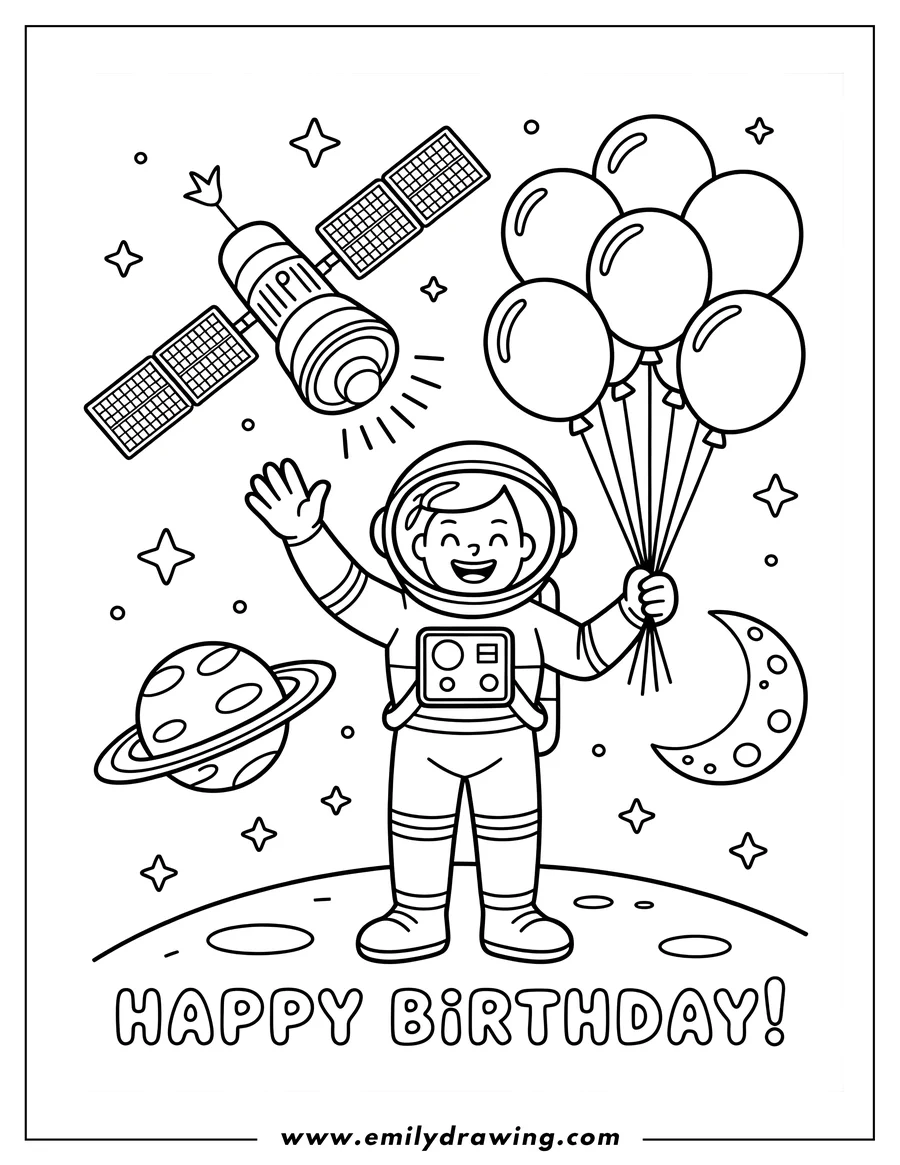 Line art of an astronaut standing on the moon, holding balloons, with a satellite, planet, and crescent moon in the background.
