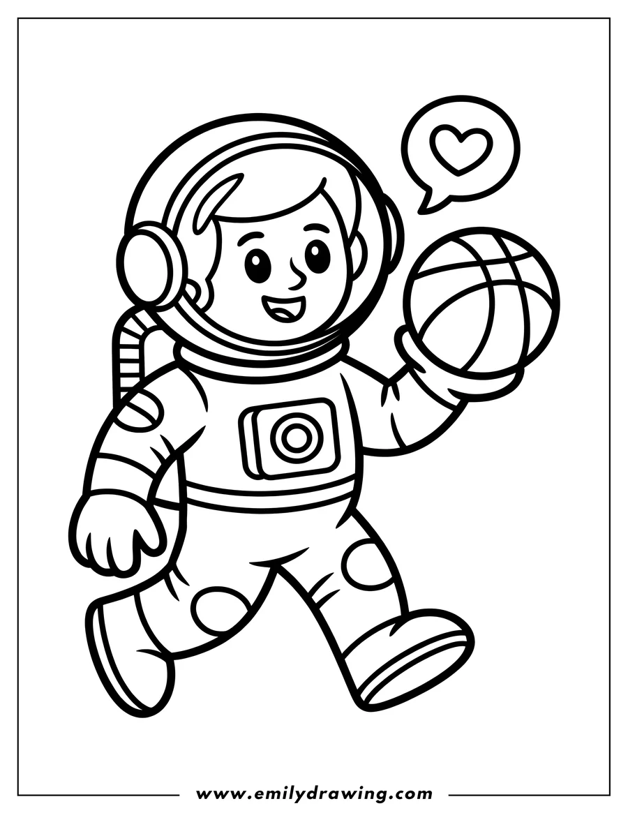 Line art of an astronaut holding a basketball, a heart floats above their head.
