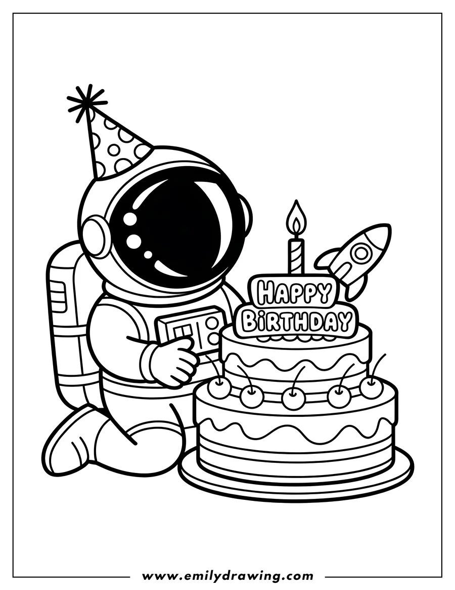 Outline of an astronaut wearing a party hat and sitting with a birthday cake decorated with a rocket and candle.