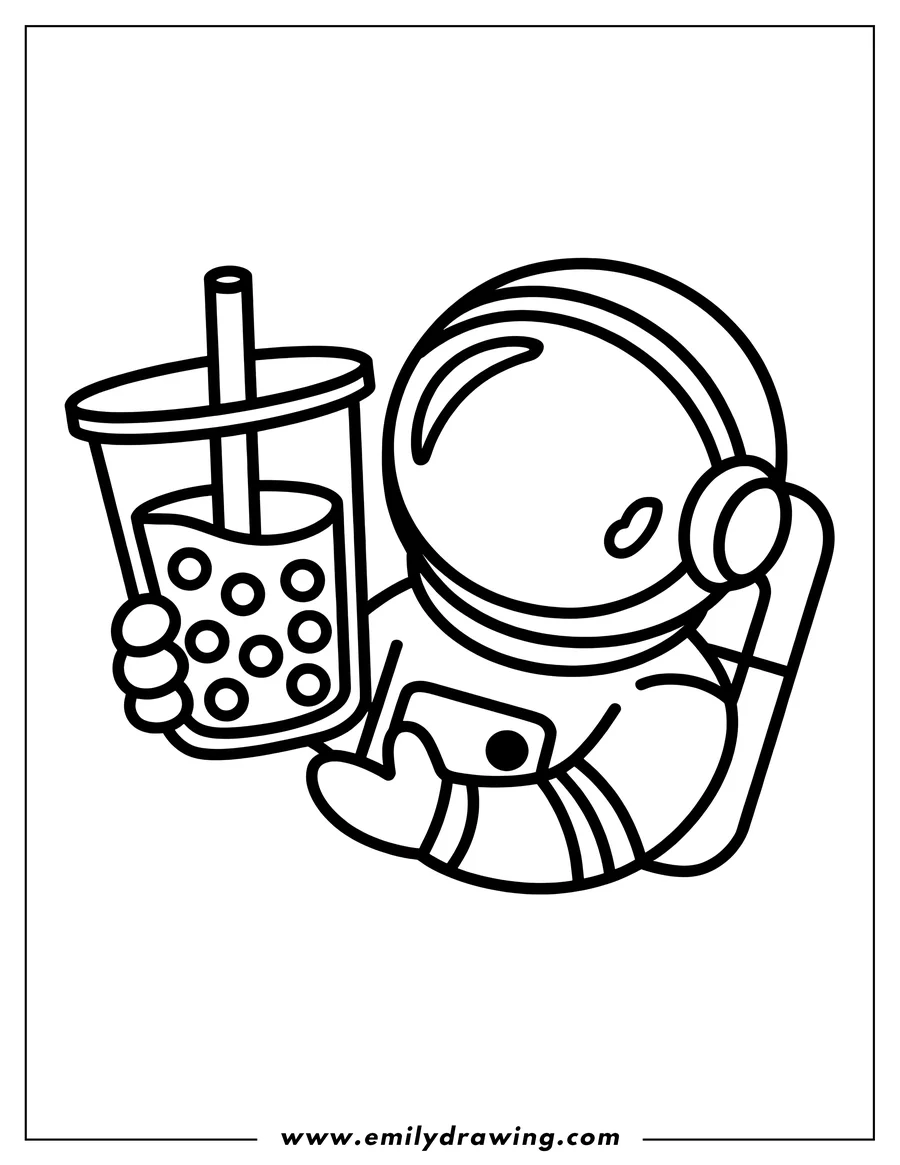 Line art of an astronaut holding a boba drink.