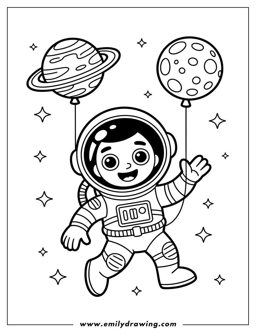 Outline of an astronaut floating in space, holding two balloons shaped like planets. They look happy and are waving.