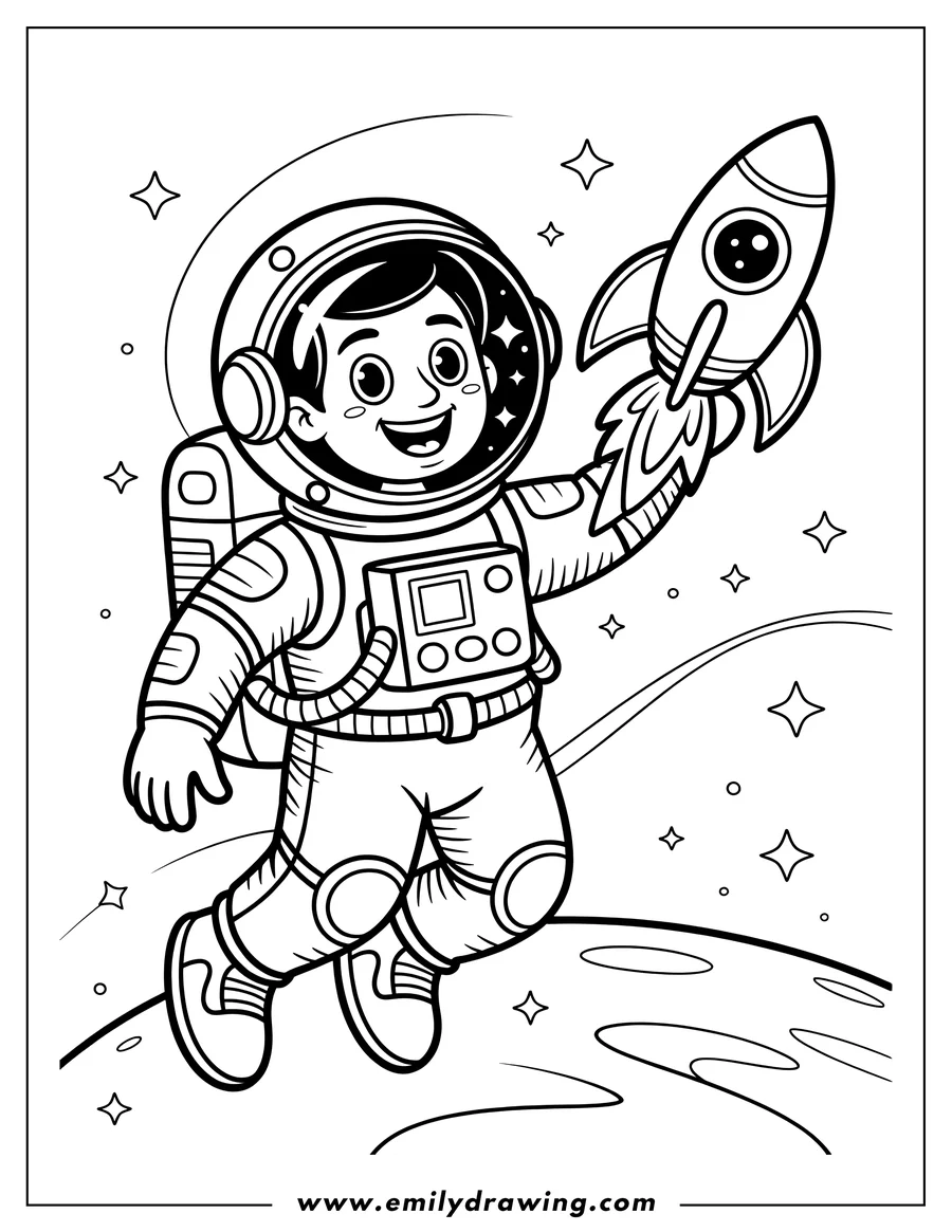 Line art of an astronaut holding a toy rocket, floating in space.